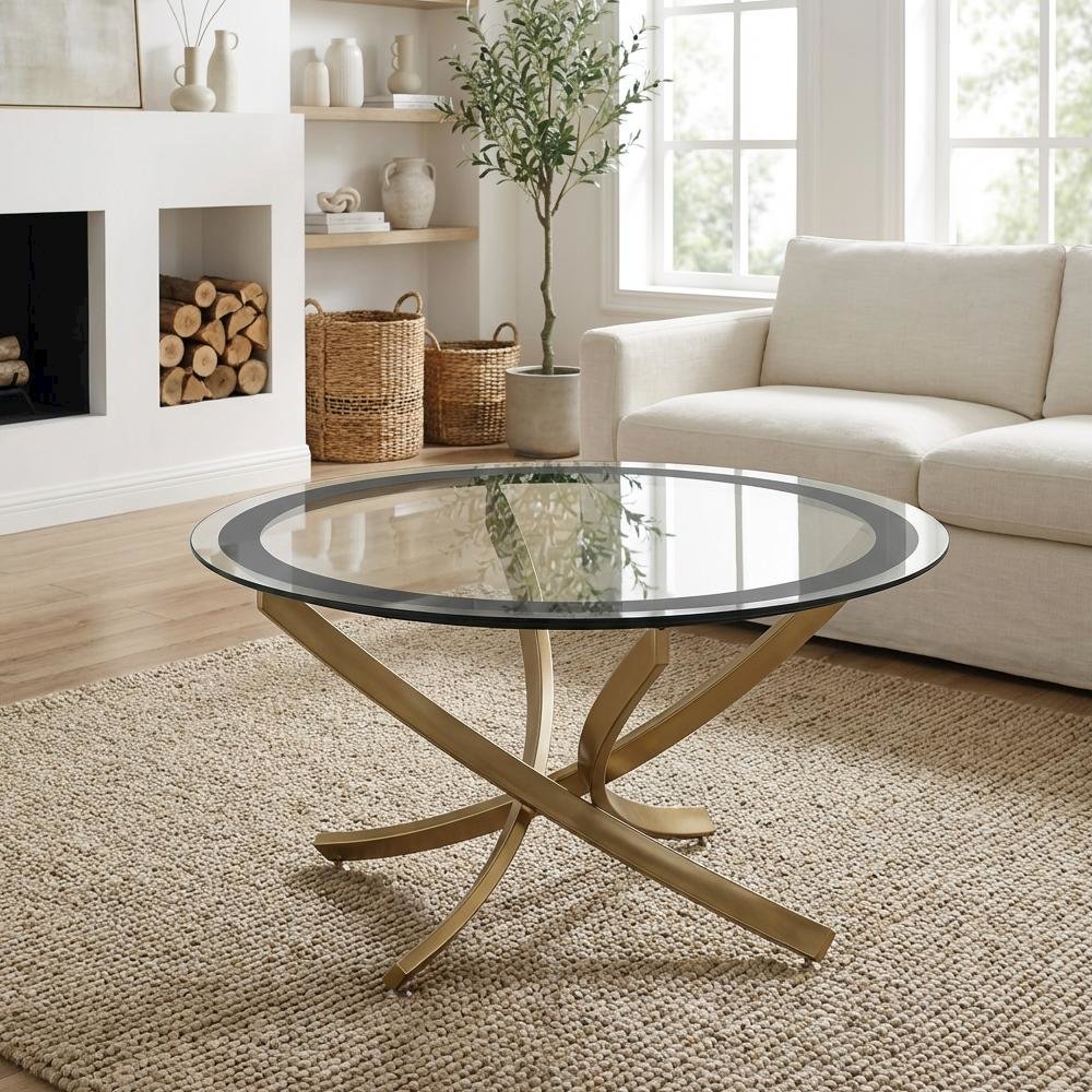 Round Gold Coffee Table Set 2-Piece with Glass Tops and Contemporary Design