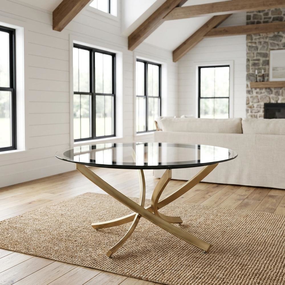 Round Gold Coffee Table Set 2-Piece with Glass Tops and Contemporary Design