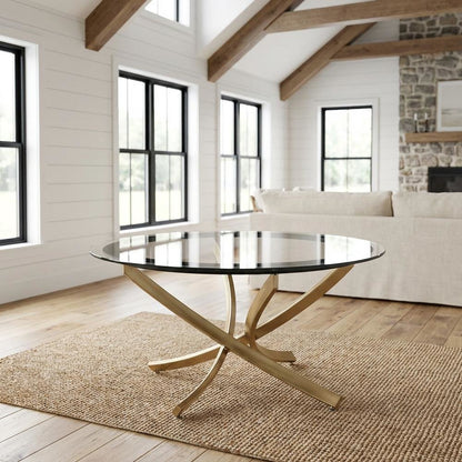 Round Gold Coffee Table Set 2-Piece with Glass Tops and Contemporary Design