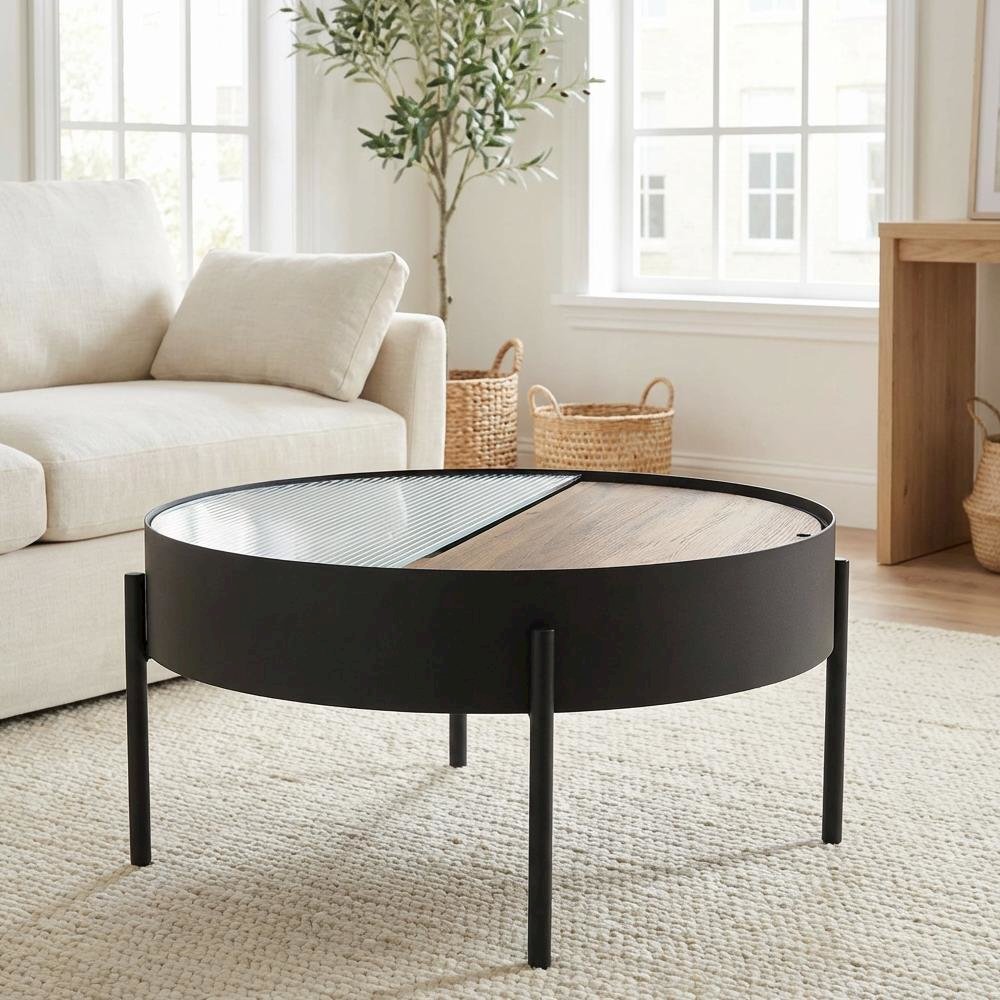 Round Coffee Table Sandy Black with Hidden Storage Rustic Design