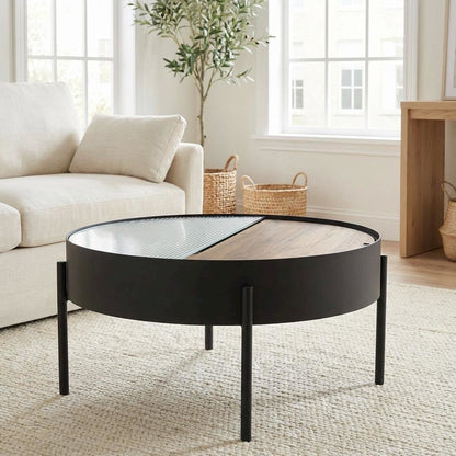 Round Coffee Table Sandy Black with Hidden Storage Rustic Design