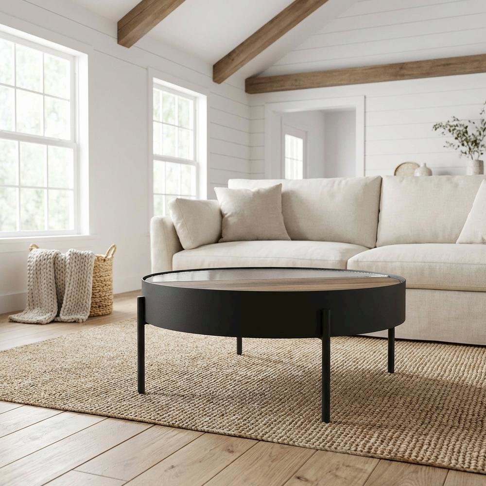 Round Coffee Table Sandy Black with Hidden Storage Rustic Design