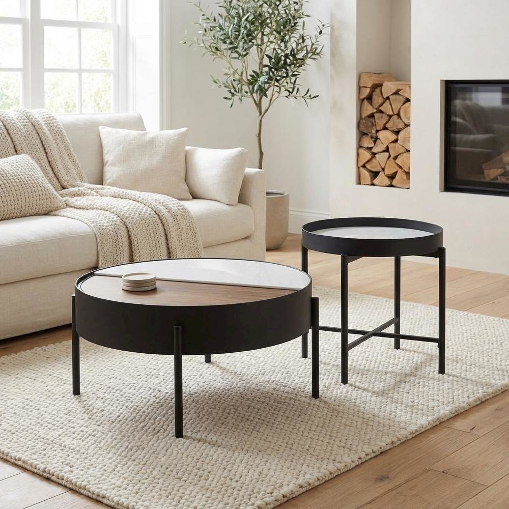 2-Piece Round Coffee and End Table Set Sandy Black Rustic Design