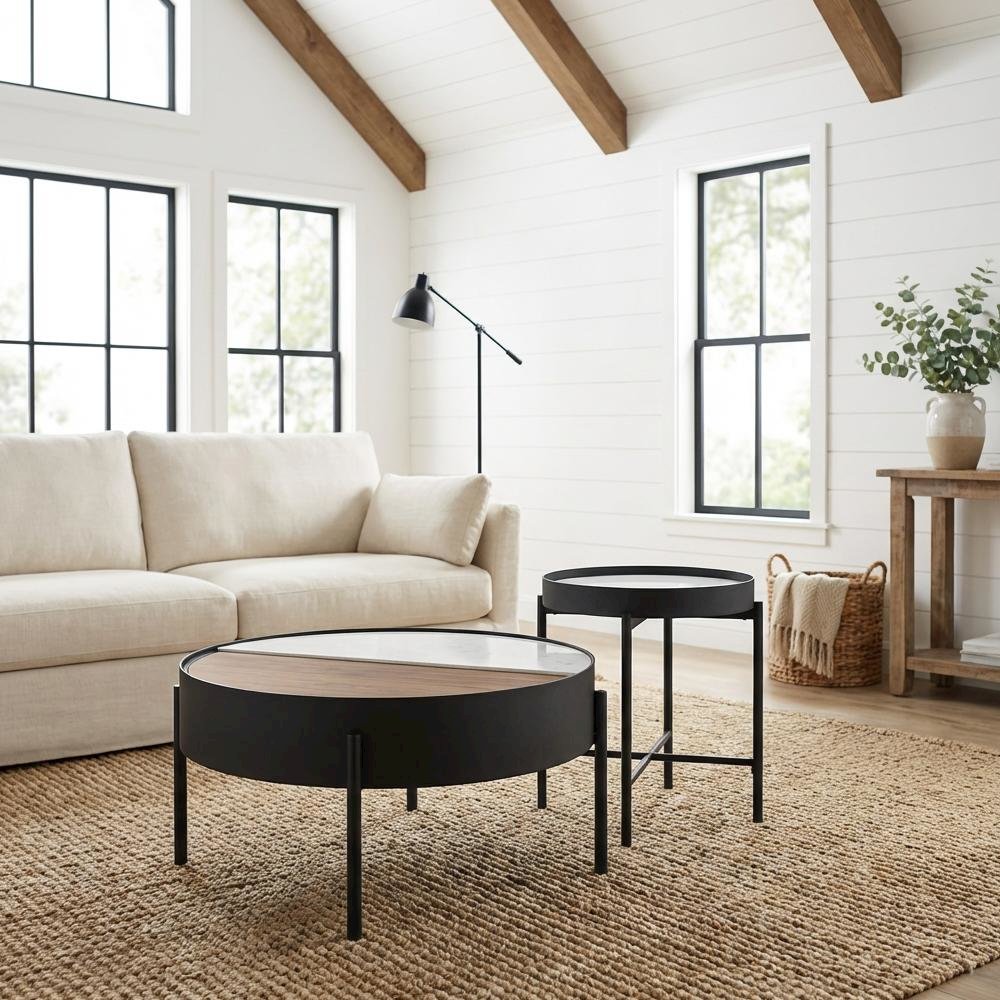 2-Piece Round Coffee and End Table Set Sandy Black Rustic Design