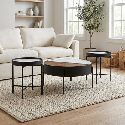 3-Piece Sandy Black Round Coffee and End Table Set Rustic Design