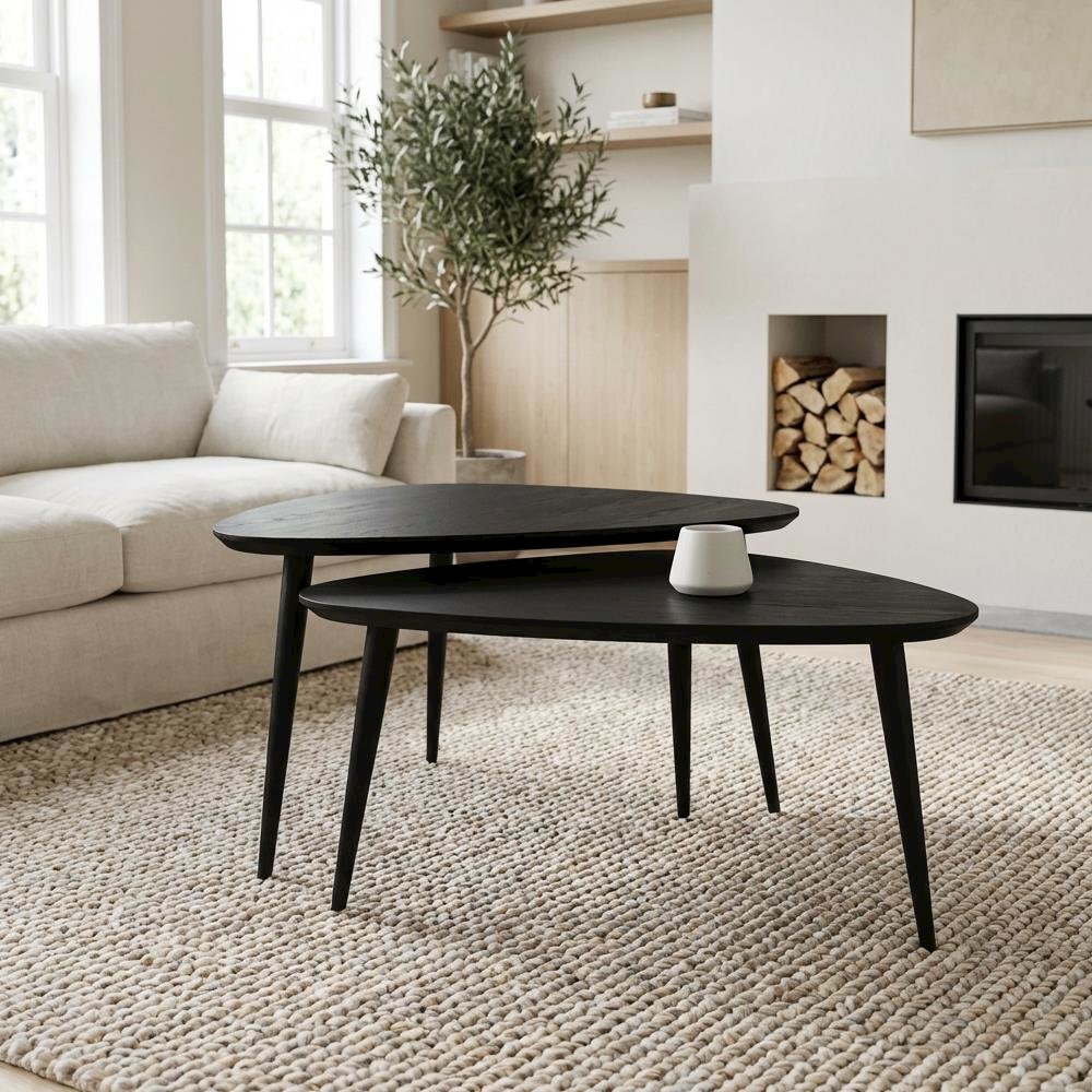 Black 2-Piece Triangular Coffee and End Table Set with Mid-Century Style