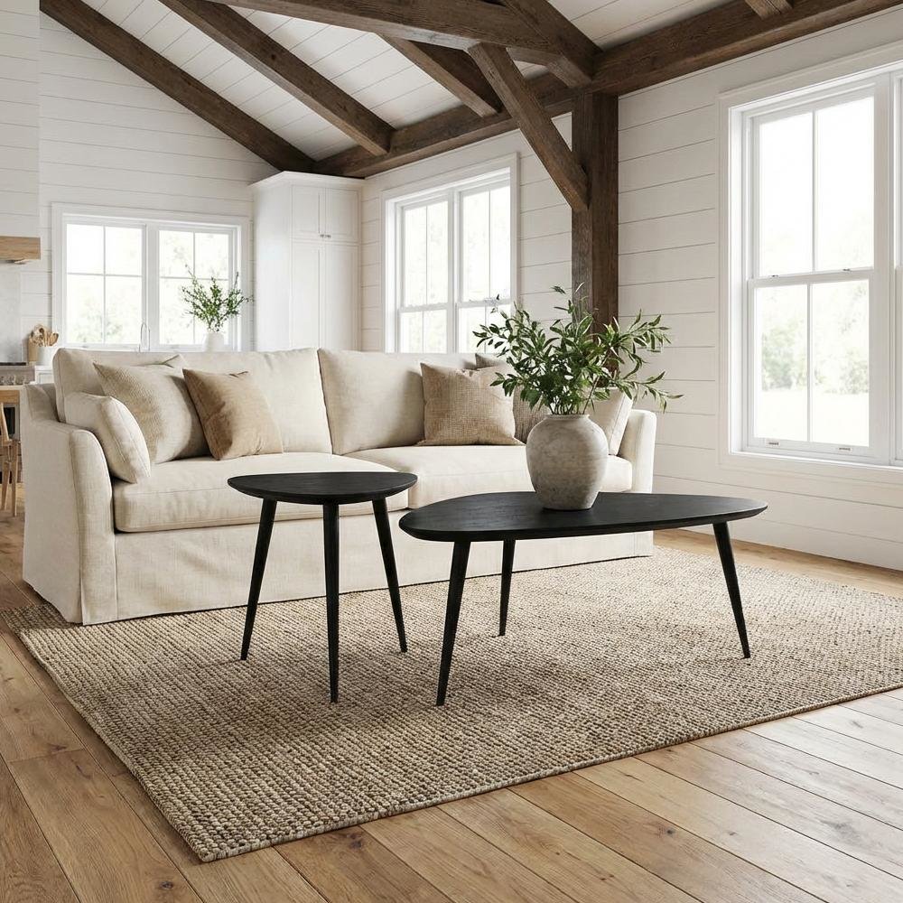 Black 2-Piece Triangular Coffee and End Table Set with Mid-Century Style