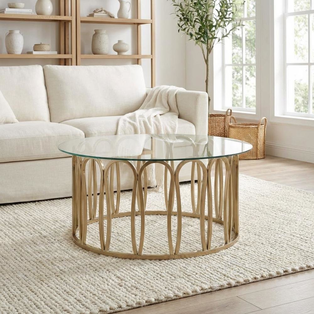 Round Gold Coffee Table with Glass Top and Chrome Base Modern Design