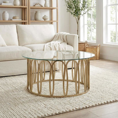 Round Gold Coffee Table with Glass Top and Chrome Base Modern Design