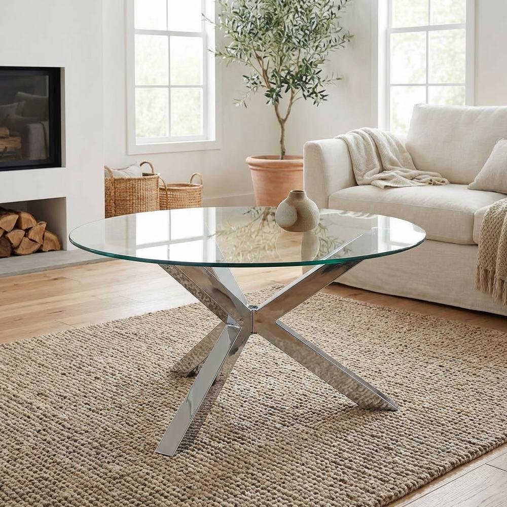 Round Tempered Glass Top Coffee Table Chrome Frame with Plastic Glide Base