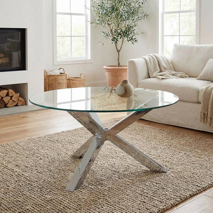 Round Tempered Glass Top Coffee Table Chrome Frame with Plastic Glide Base