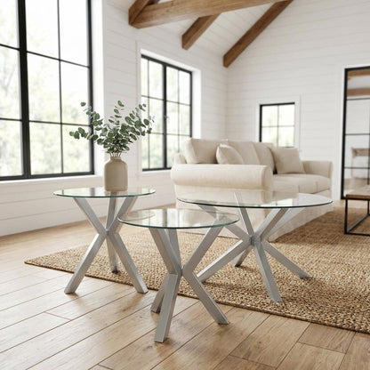 3-Piece Chrome Round Coffee and End Table Set with Plastic Glides