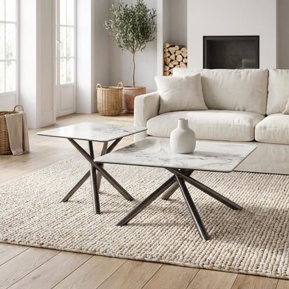 White 2-Piece Square Coffee and End Table Set with Levelers, Contemporary Design