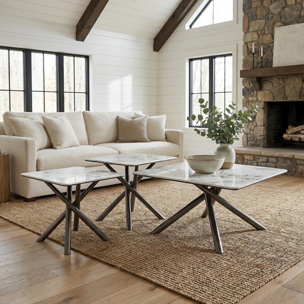 White 3-Piece Square Coffee and End Table Set Contemporary Design