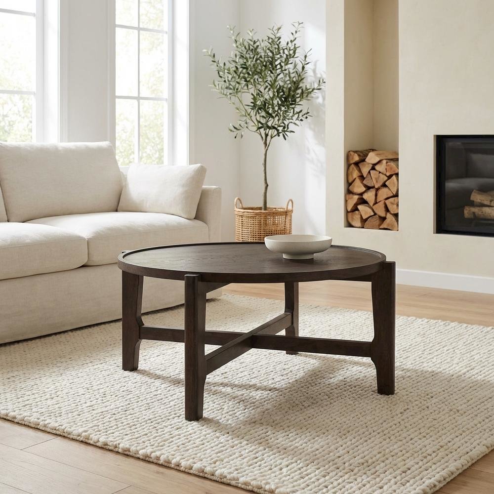 Round Dark Brown Solid Wood Coffee Table with Transitional Style