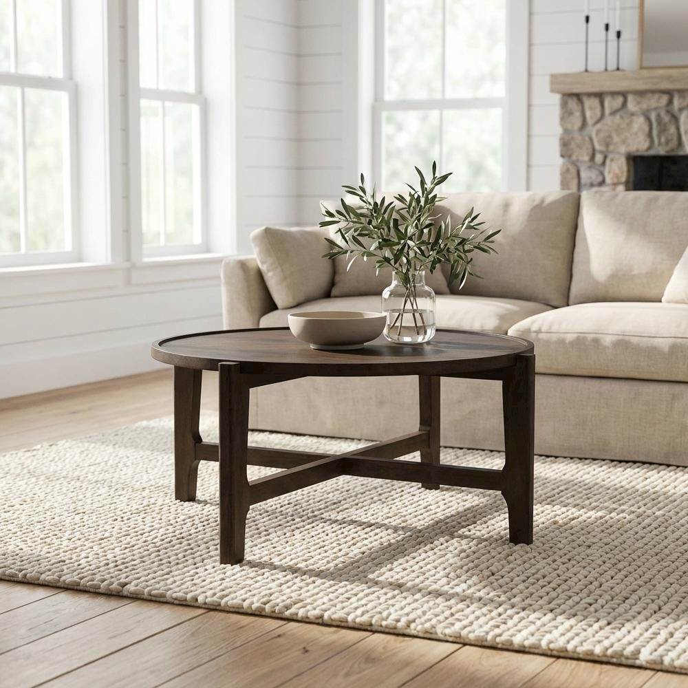 Round Dark Brown Solid Wood Coffee Table with Transitional Style