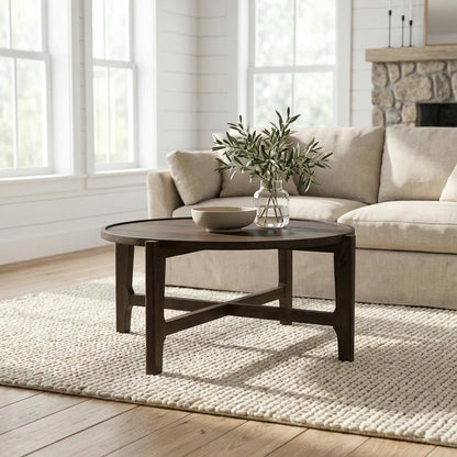 Round Dark Brown Solid Wood Coffee Table with Transitional Style