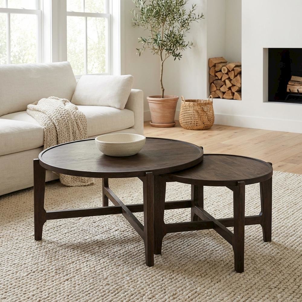 Dark Brown 2-Piece Solid Wood Round Coffee and End Table Set, 200 lb Capacity