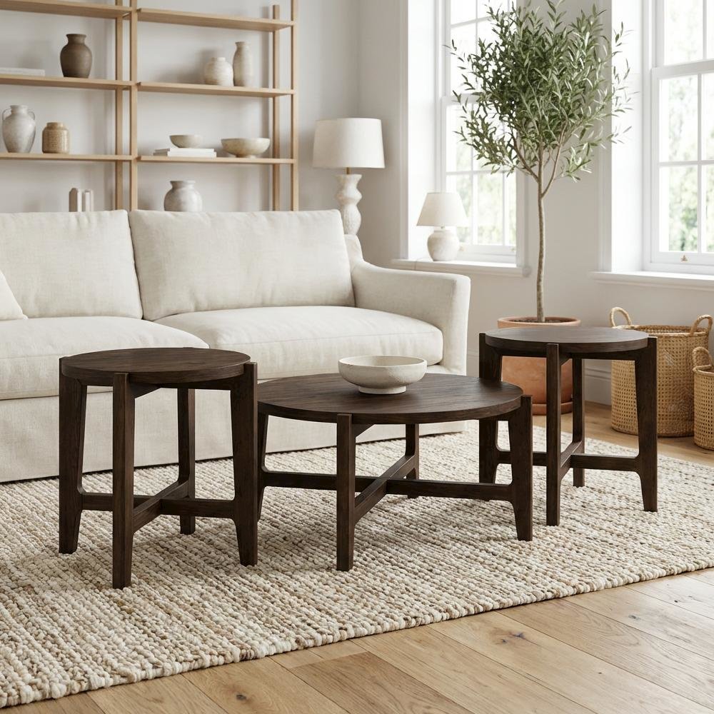 Dark Brown 3-Piece Solid Wood Coffee and End Table Set with Round Shape