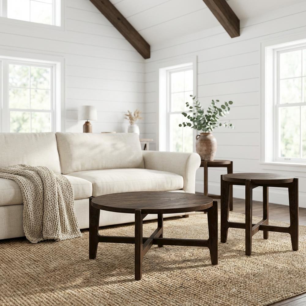 Dark Brown 3-Piece Solid Wood Coffee and End Table Set with Round Shape