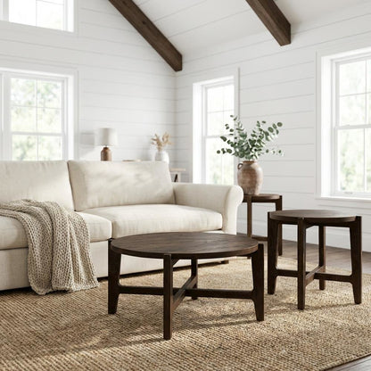 Dark Brown 3-Piece Solid Wood Coffee and End Table Set with Round Shape