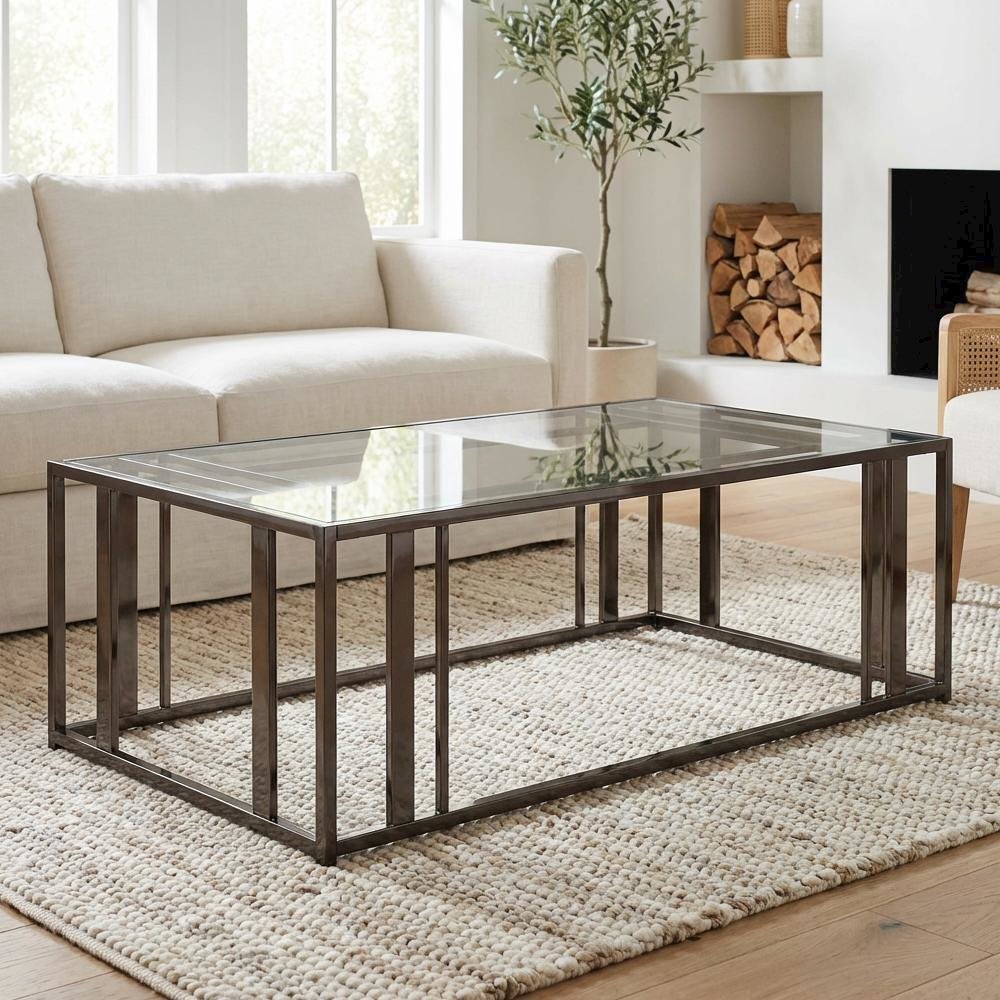 Rectangular Black Nickel Coffee Table with Glass Top and Contemporary Design