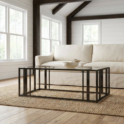 Rectangular Black Nickel Coffee Table with Glass Top and Contemporary Design