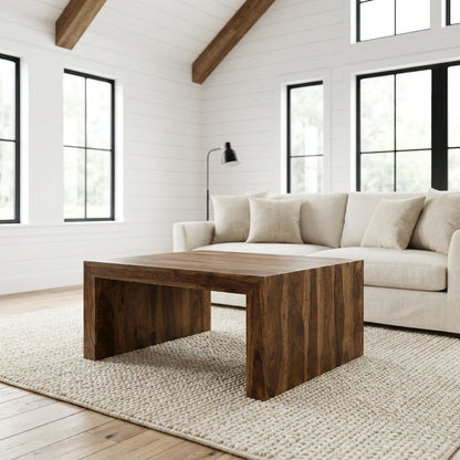 Square Auburn Solid Wood Coffee Table with Farmhouse Design and Sturdy Build