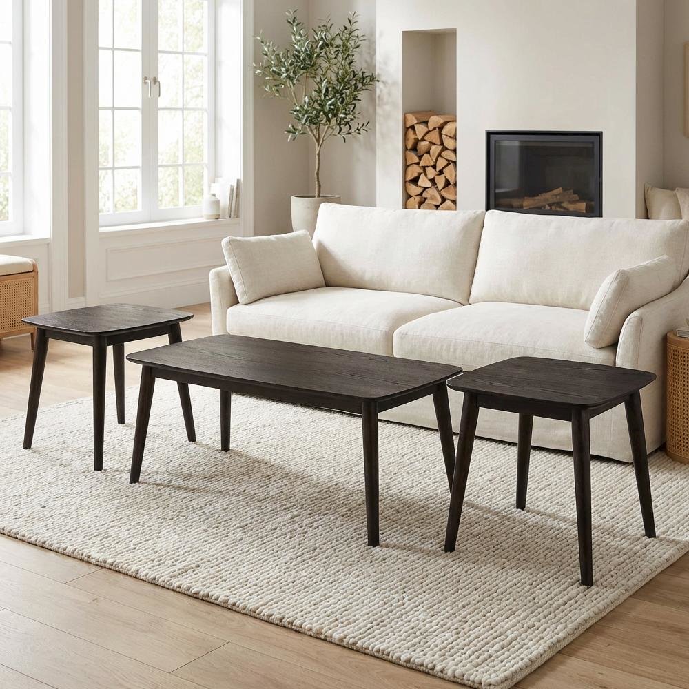 3-Piece Black Rectangular Coffee Table Set with Mid-Century Modern Style