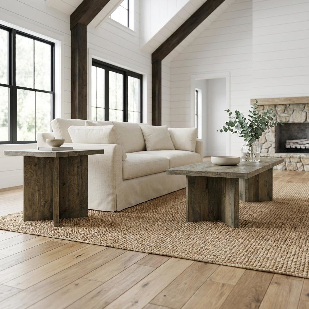 Mango Brown 2-Piece Farmhouse Coffee and End Table Set with Rectangular Design