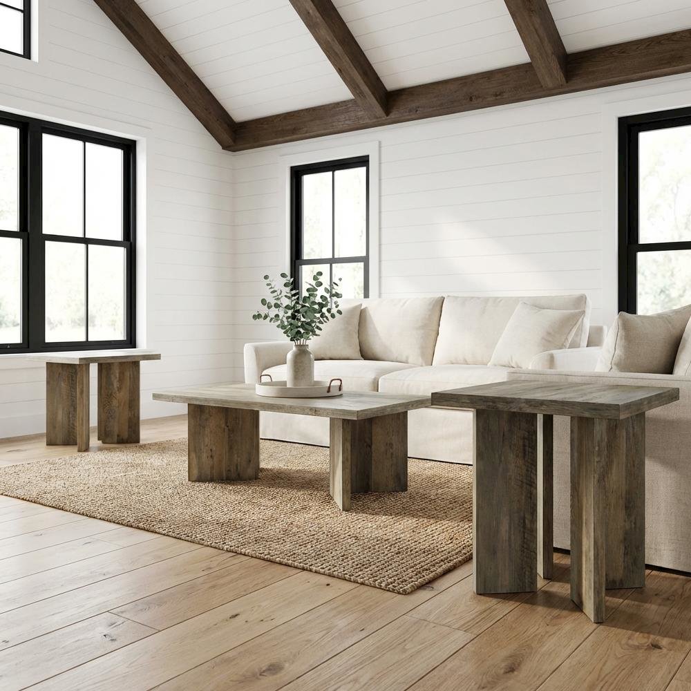 Mango Brown 3-Piece Coffee and End Table Set with Rectangular Farmhouse Design