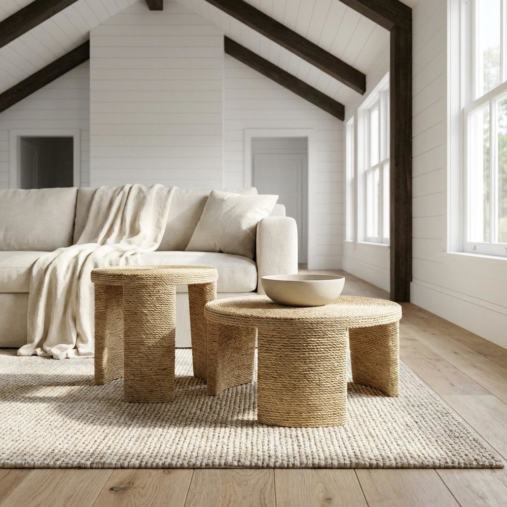 Neutral Rattan 2-Piece Coffee and End Table Set with Round Shape