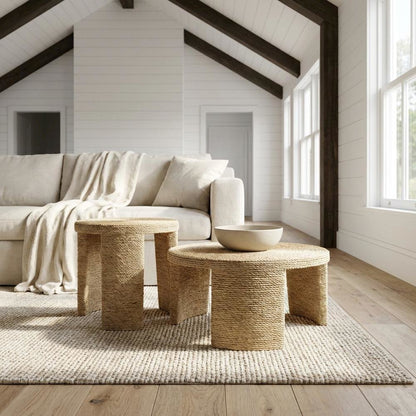 Neutral Rattan 2-Piece Coffee and End Table Set with Round Shape