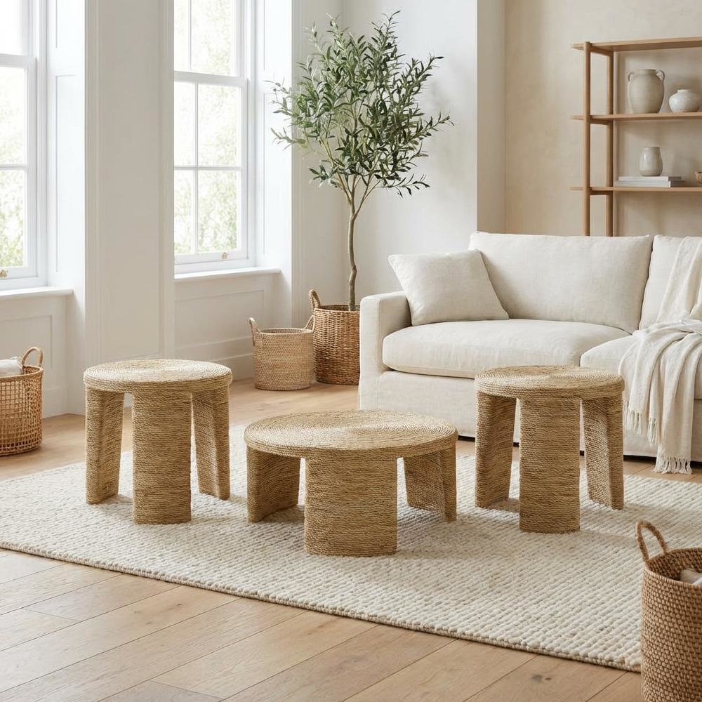 Neutral Rattan 3-Piece Coffee and End Table Set with Round Tops Coastal Style