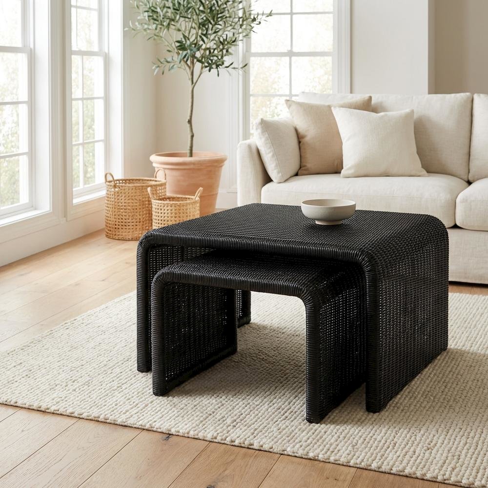 Black 2-Piece Rattan Coffee and End Table Set with Coastal Style, Durable Build