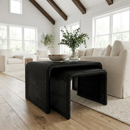 Black 2-Piece Rattan Coffee and End Table Set with Coastal Style, Durable Build
