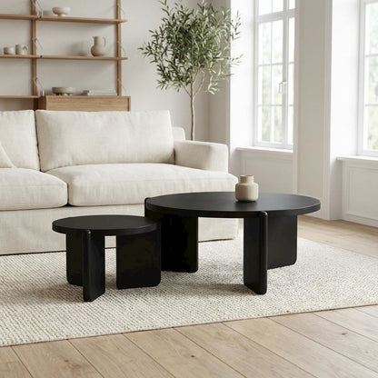 Black 2-Piece Solid Wood Coffee and End Table Set with Round Tops