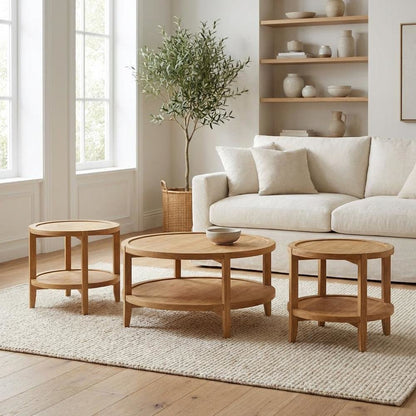 3-Piece Round Coffee and End Table Set Maple Finish with Transitional Style