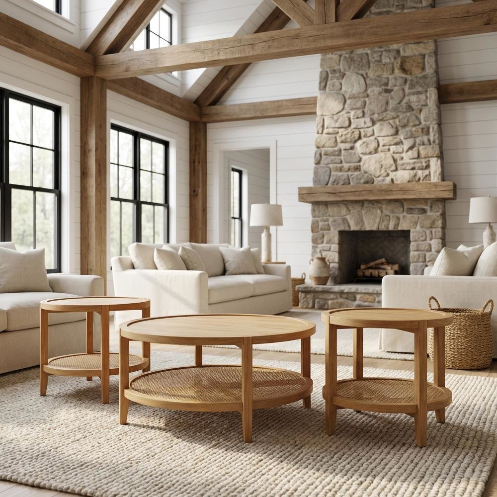 3-Piece Round Coffee and End Table Set Maple Finish with Transitional Style