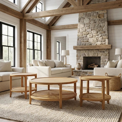 3-Piece Round Coffee and End Table Set Maple Finish with Transitional Style