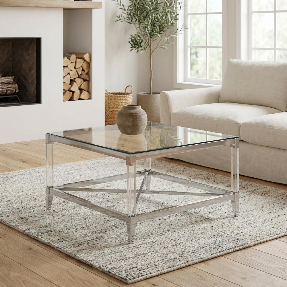 Square Chrome 2-Piece Coffee and End Table Set with Plastic Glide Feet