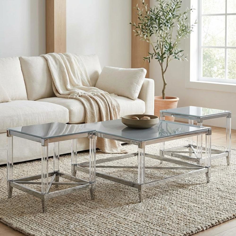 3-Piece Square Chrome Coffee and End Table Set with Plastic Glides