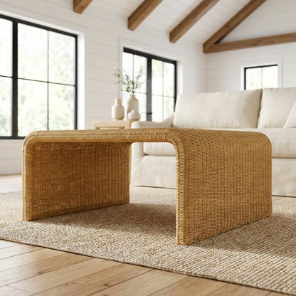 Square Woven Rattan Coffee Table in Neutral Brown with Coastal Style