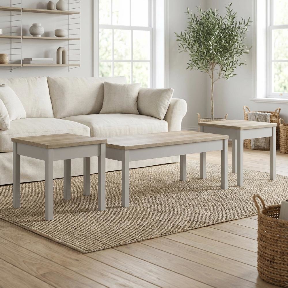 3-Piece Brown Rectangular Coffee Table Set with Coastal Style Finish