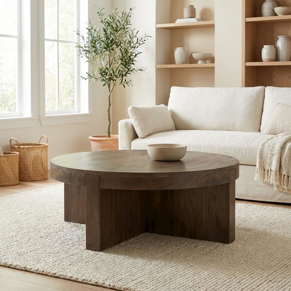 Round Brown Mango Wood Coffee Table Solid Farmhouse Design Durable Surface