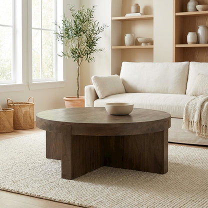 Round Brown Mango Wood Coffee Table Solid Farmhouse Design Durable Surface