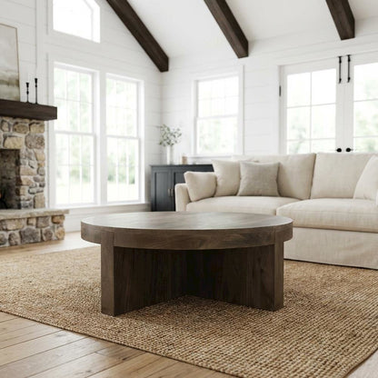 Round Brown Mango Wood Coffee Table Solid Farmhouse Design Durable Surface
