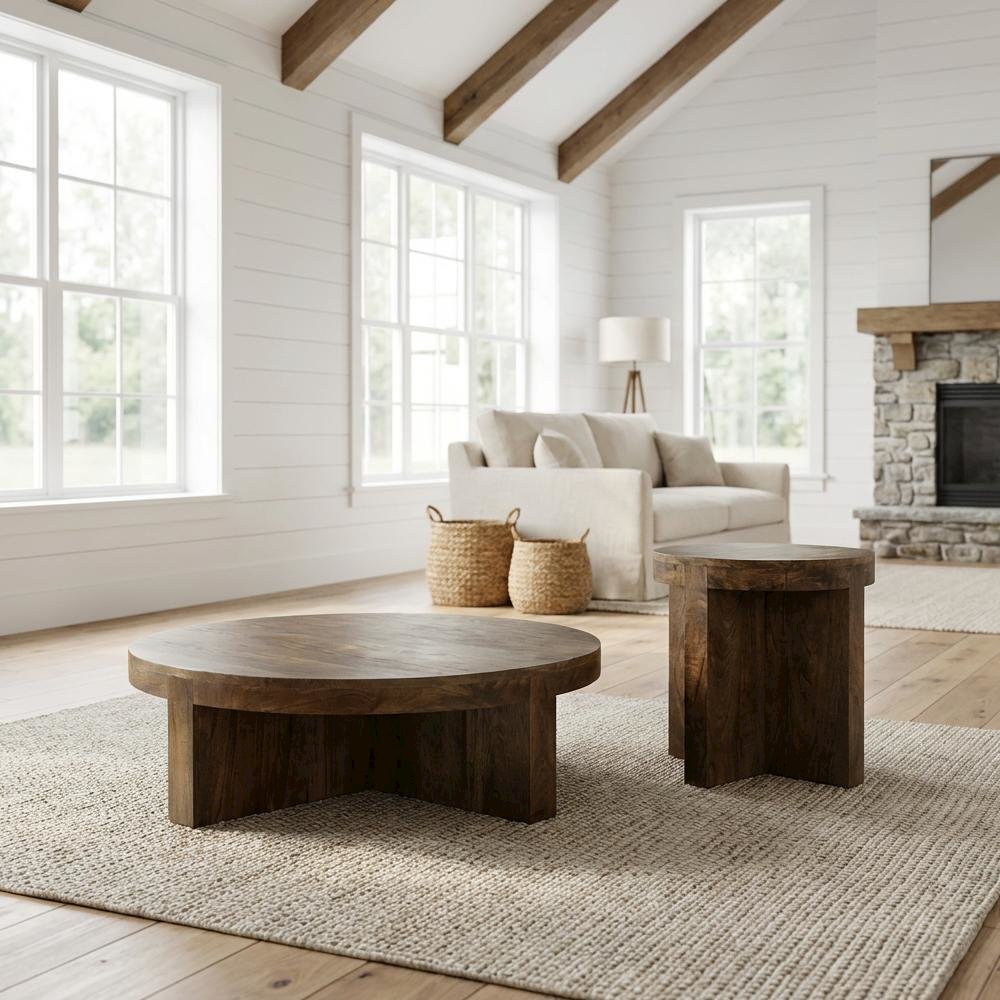 Brown 2-Piece Round Solid Wood Coffee and End Table Set with Farmhouse Design