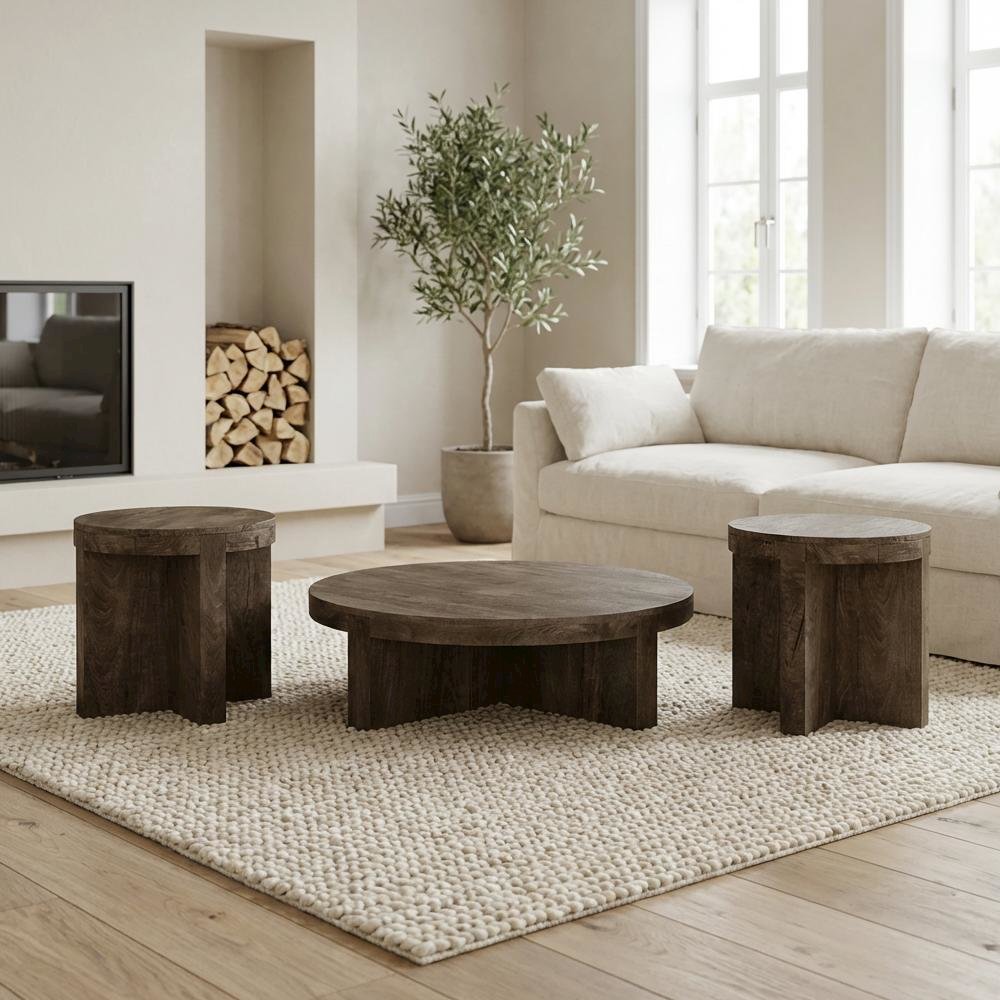 Brown 3-Piece Solid Wood Coffee and End Table Set with Round Farmhouse Design