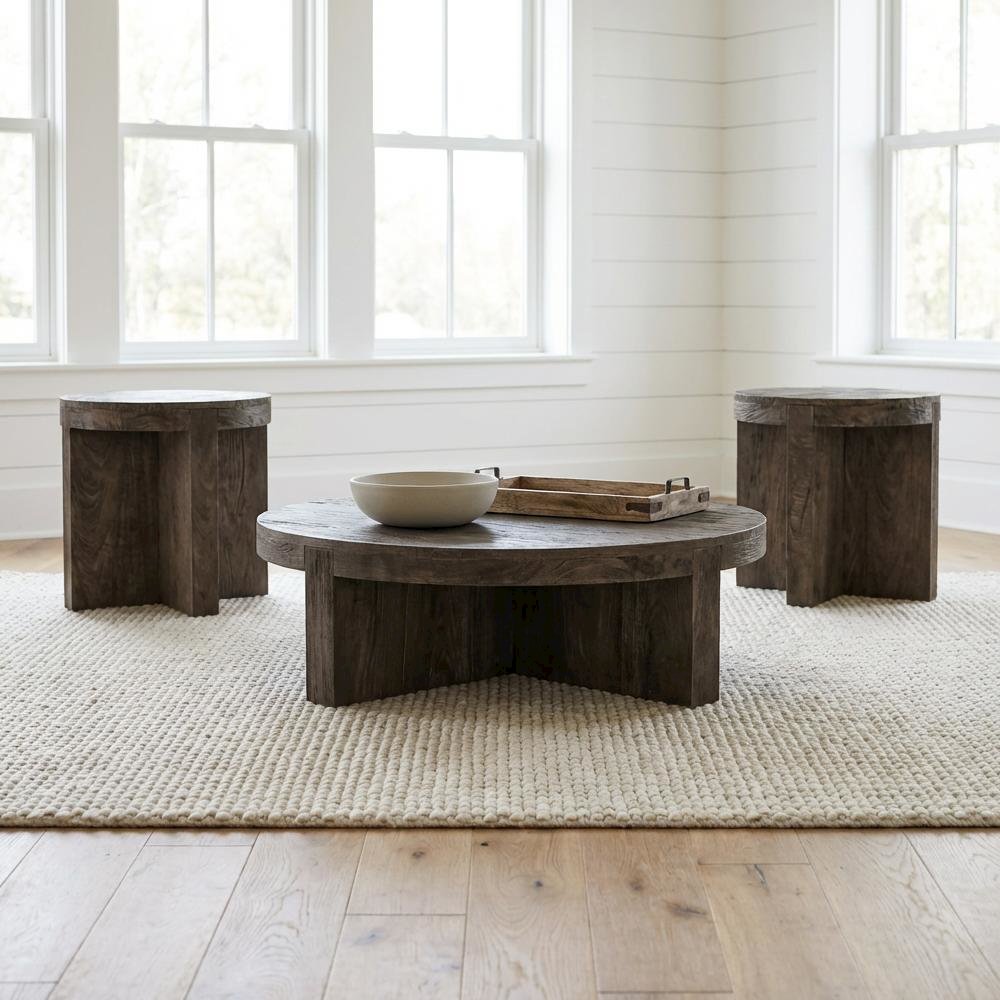Brown 3-Piece Solid Wood Coffee and End Table Set with Round Farmhouse Design